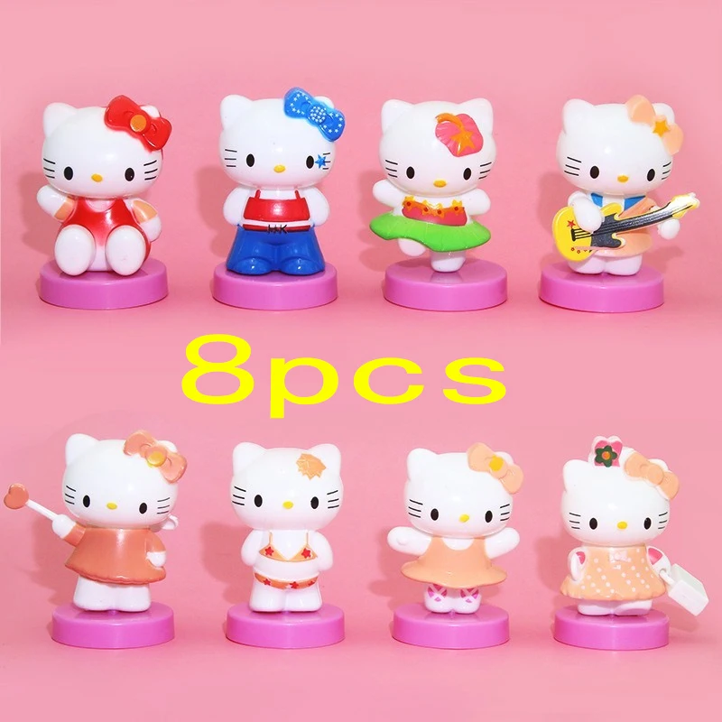 

8Pcs Sanrio Y2K Hello Kitty Doll Ornaments Kawaii Anime Figure Cute Cake Decoration Car Ornaments Cartoon with Base Child Gift