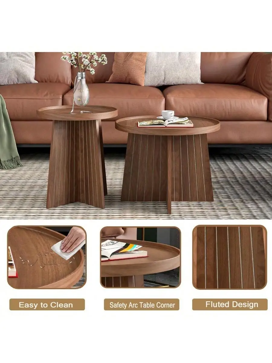 Round Coffee Table Set of 2 Mid Century Modern Fluted Nesting Coffee Table Center Tables Small Round Wood Coffee Table S 3