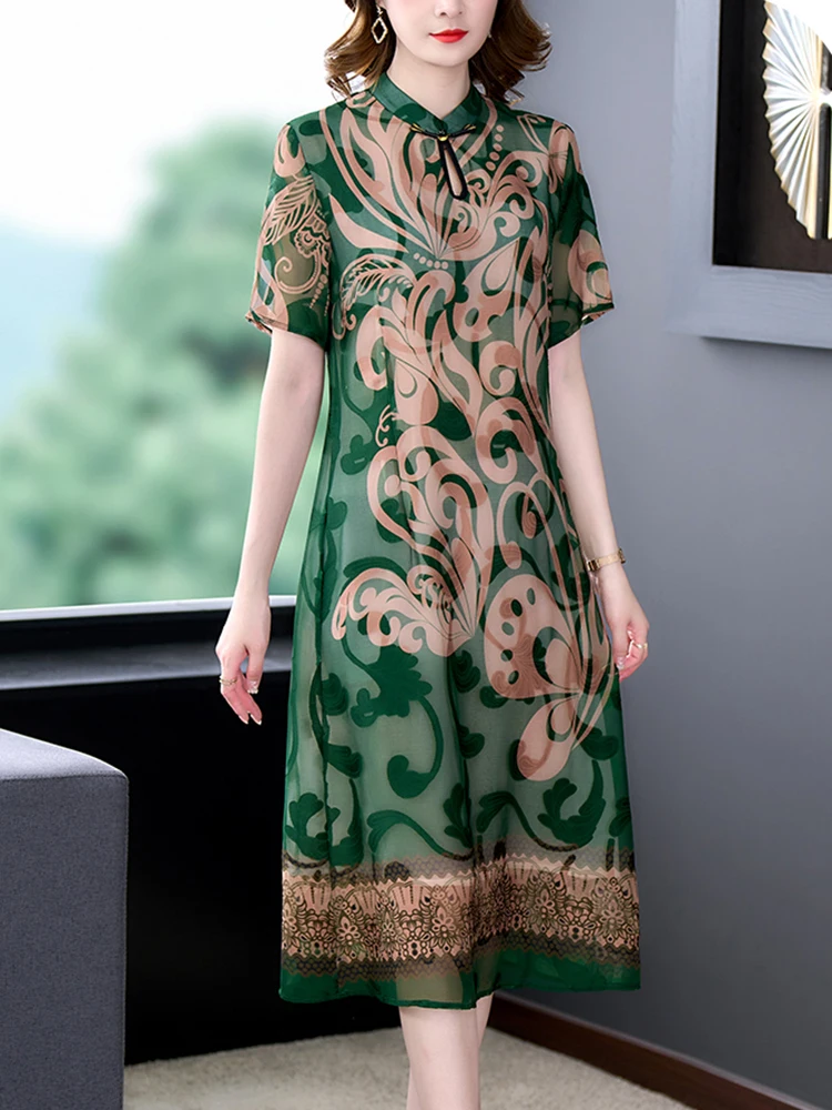 

Summer Print Natural Silk Stand Collar Midi Dress Women New Fashion Elegant Casual Dress 2023 Korean Vintage Party Night Dress