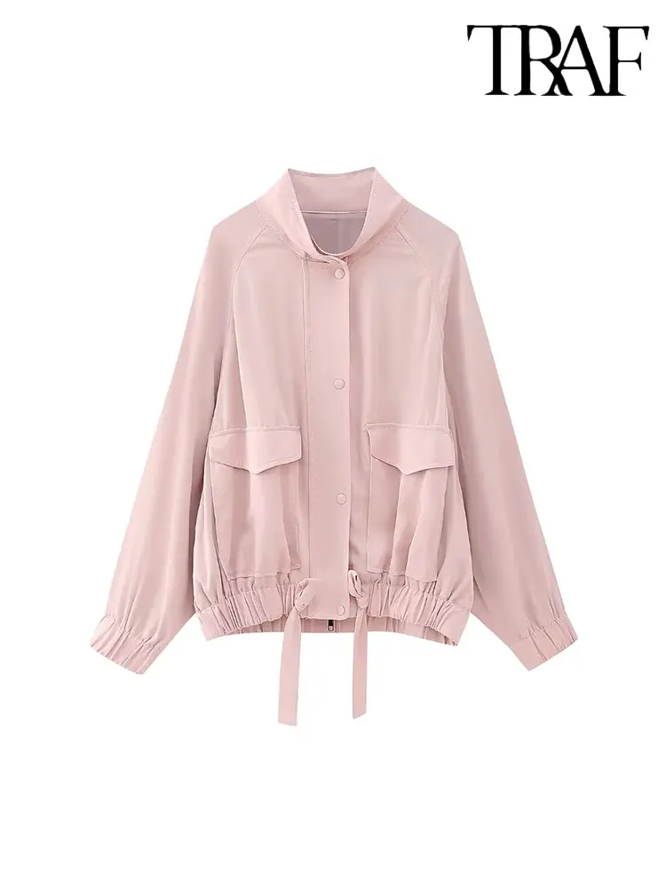 

TRAF 2023 Spring Autumn Women Pocket Pilot Jacket Coats Fashion Single Breasted Zipper Causal Street Loose Tops