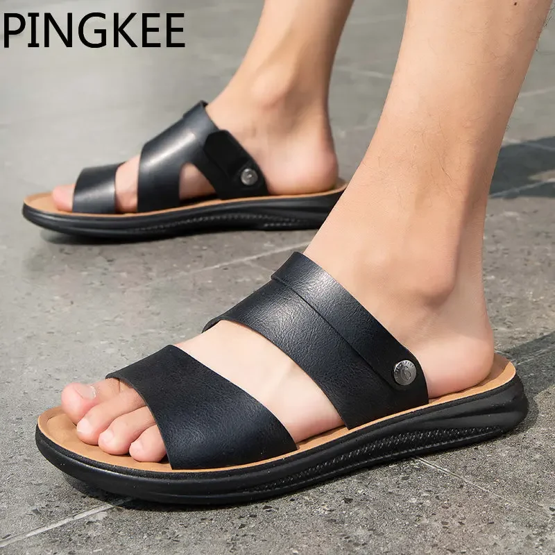 

Пляжные шлепанцы PINGKEE для мужчин, мягкие сандалии из синтетической кожи, без застежки, для защиты от воды, для летнего отдыха на открытом воздухе, сланцы с подушкой на каблуке