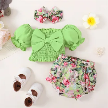 3pcs Clothing Set 6-24 Months Baby Girl Summer Suit Puff Sleeve Top with Bow+Flowers Shorts Toddler Girl Pastoral Style Clothes 1