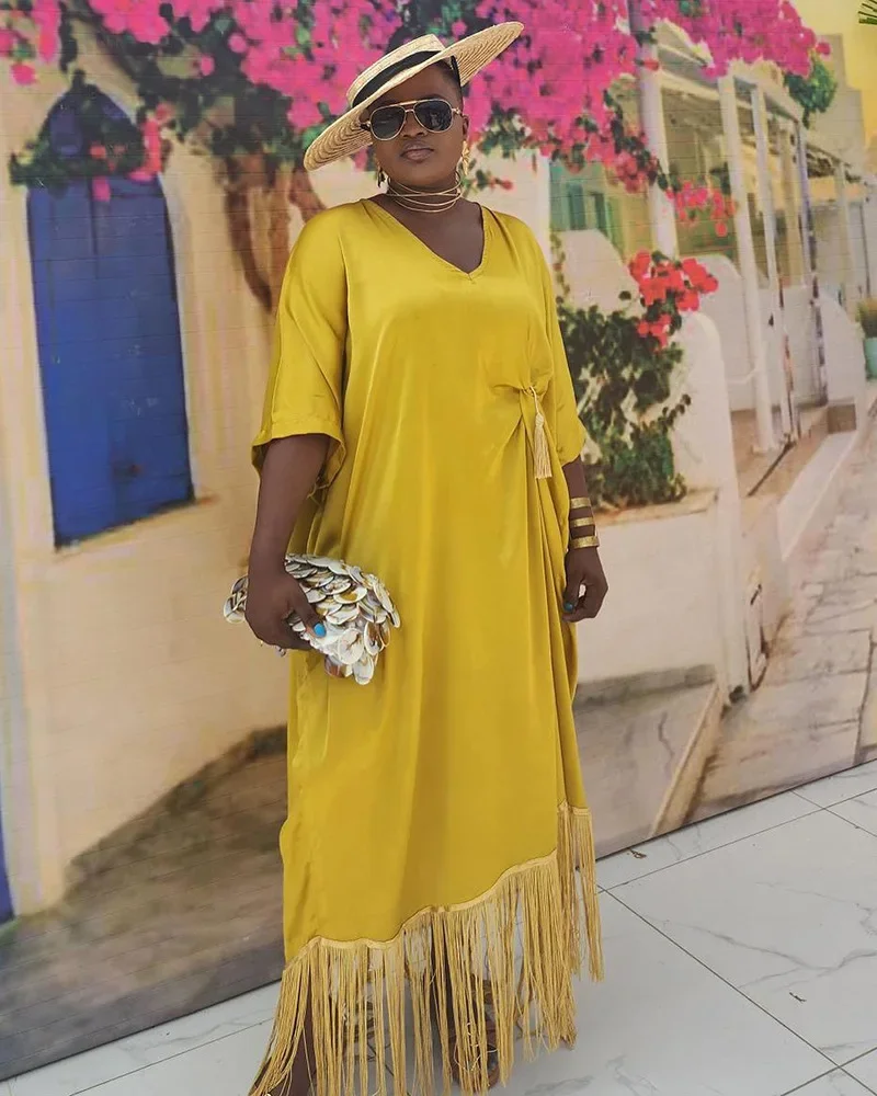 

Plus Size Solid African Maxi Dress for Women Elegant Lady Party Gown Africa Dolman Sleeve Tassel Clothes Street Casual Outfits