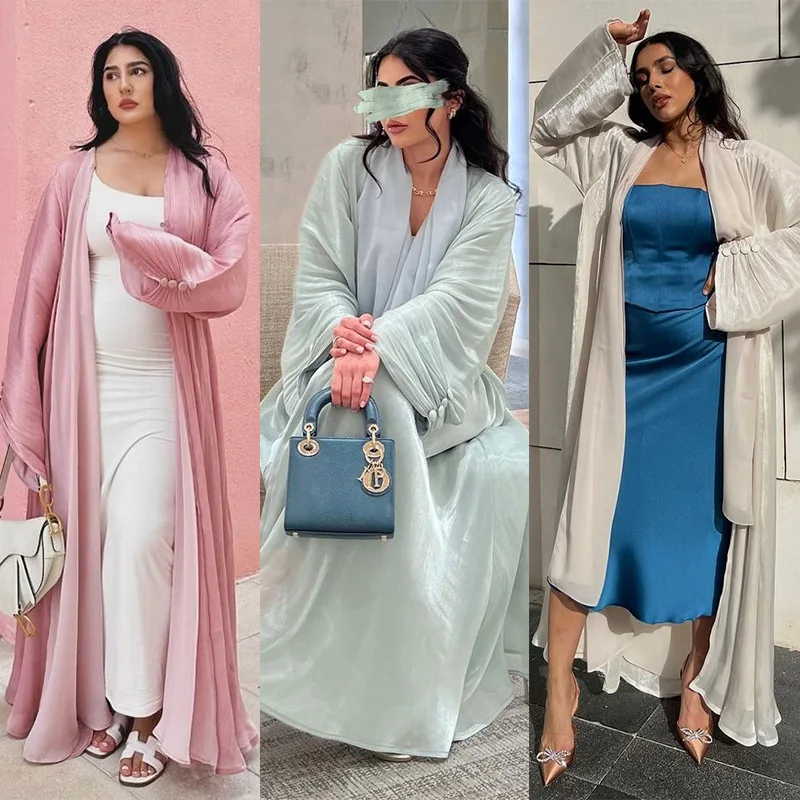 

2024 Ramadan Satin Muslim Modest Dress Arab Women Open Abaya Dubai Islamic Long Sleeve Cardigan Clothing Turkey Plain Robe MQ098