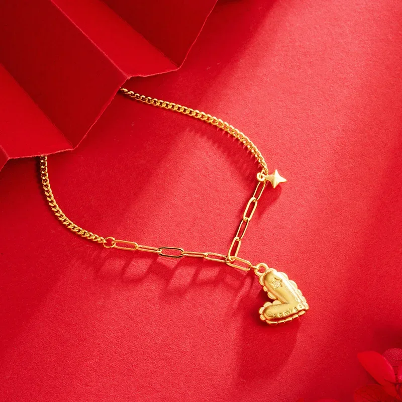Pure 24k Gold Color Necklace Bracelet Bangle Exquisite Sweet Niche 3D Love Style Women's Bracelet Chain Jewelry Gifts