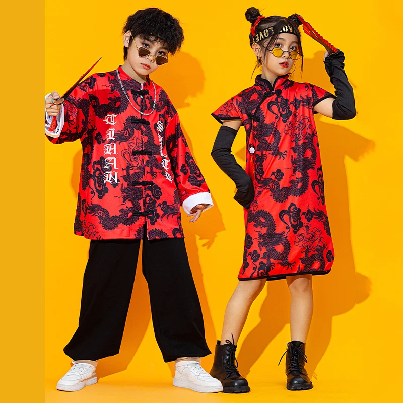 

Chinese Style Jazz Costumes For Girls Street Dance Clothes Boys Shorts Black Pants Hip Hop Dance CLothes Stage Outfits SL7507