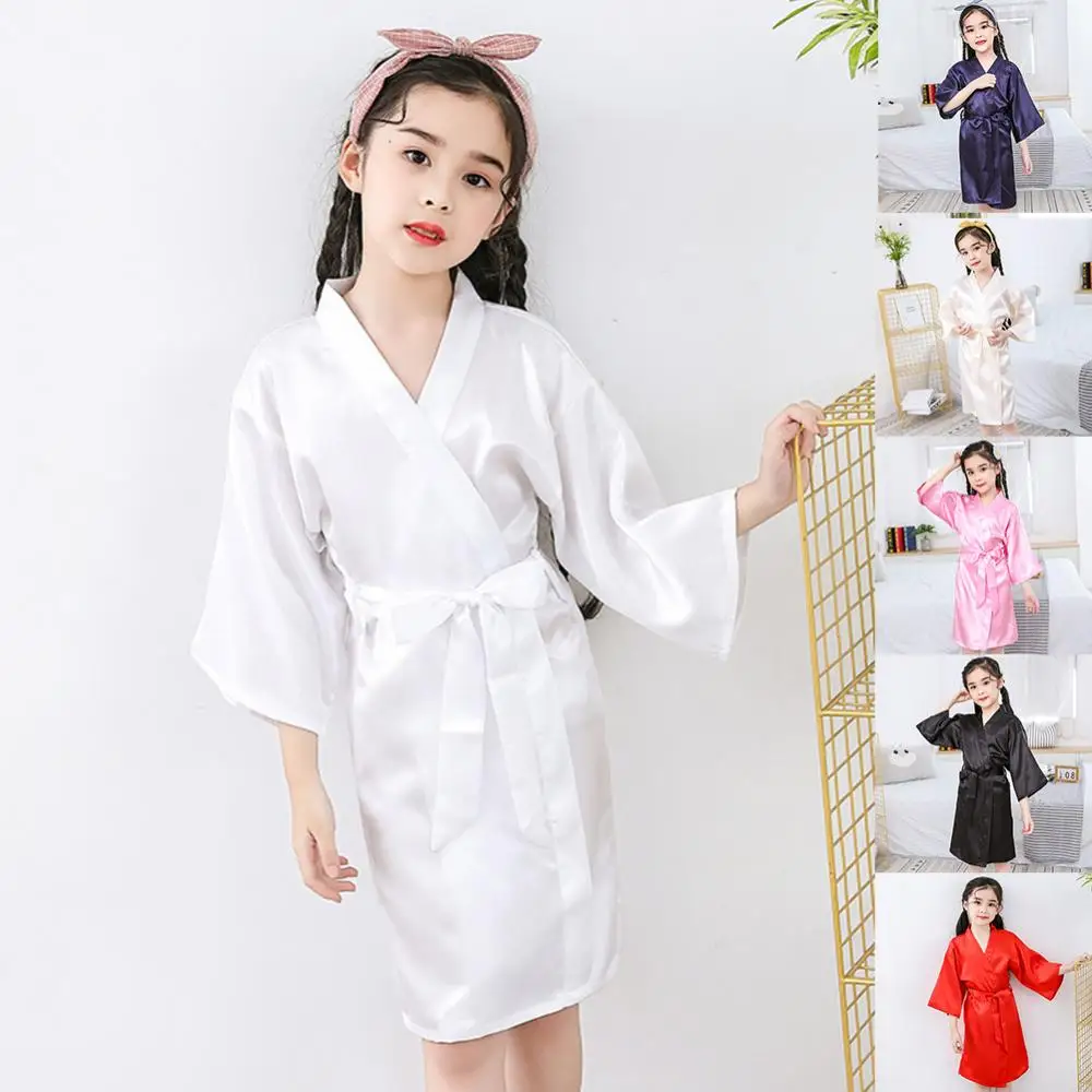 Kids Robe Summer Girls Silk Solid Color Pajamas Soft Bathrobe Teenager