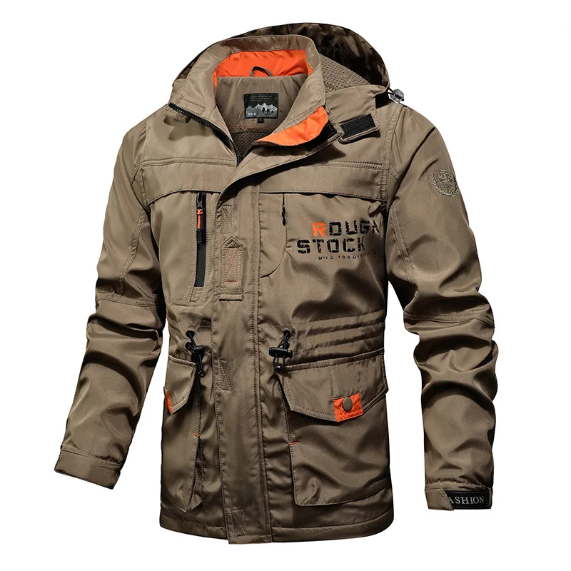 thumbnail image 1 of Chaqueta de hombre para otoño y primavera, con capucha desmontable, resistente al viento, con cremallera para exteriores, con múltiples bolsillos, chaqueta deportiva para hombre, chaquetas tipo cargo, 1 of 4