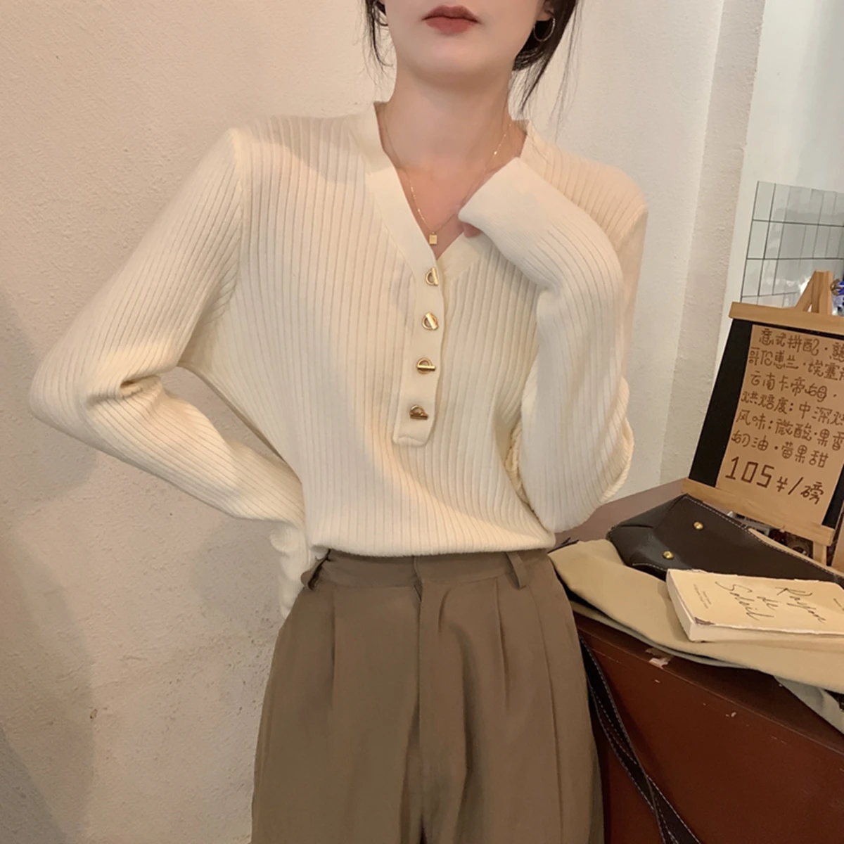 Pullovers Women V-neck Knitting Basic Solid Ribbed Loose Chic Autumn Winter Gentle All-match Graceful Tops Temperament Female