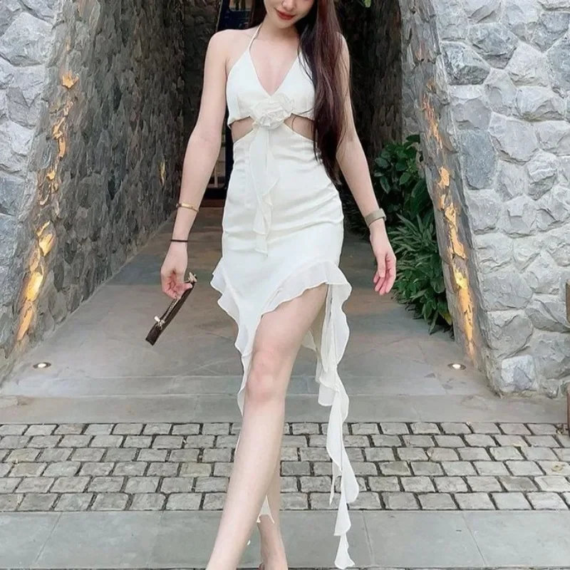 

Sexy Halter Party Dress for Womens V-neck Backless Strapless Mini Dresses 2024 Autumn Ruffle Streamer Outfits Women's Clothes