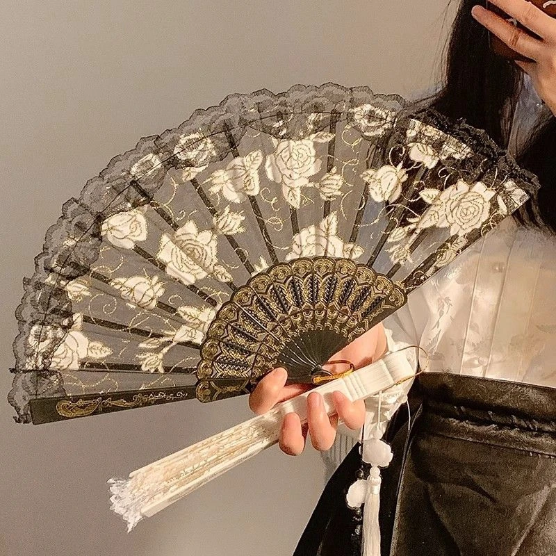 Folding Fan Lace Flower Decor Chinese Style Fan Hand Held Anitque Art Craft Japnese Summer Female Dance Home Party Decoration folding fan hand fan