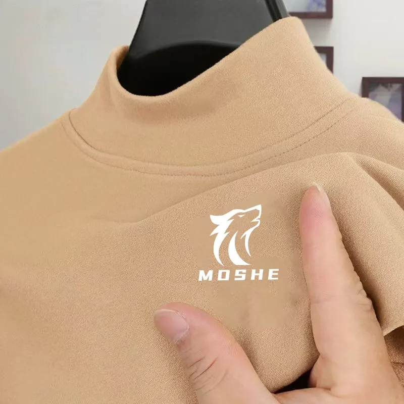 New Semi High Neck Solid Color Base Shirt for Men, Double-sided German Velvet Long Sleeved Autumn and Winter Warm Top T-shirt