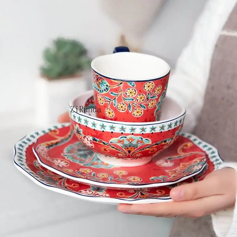 *Ceramic Plate Vegetable Plate Household European Creative Personality Red Western SteakDish Combination