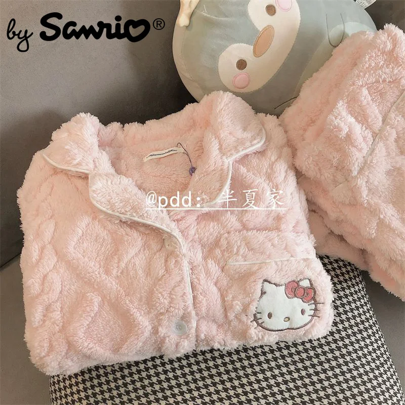 

2023 Sanrio Hello Kitty Coral Velvet Pajamas Women Winter Plus Velvet Thickening Warm Home Clothes Anime Cartoon Girls Gift