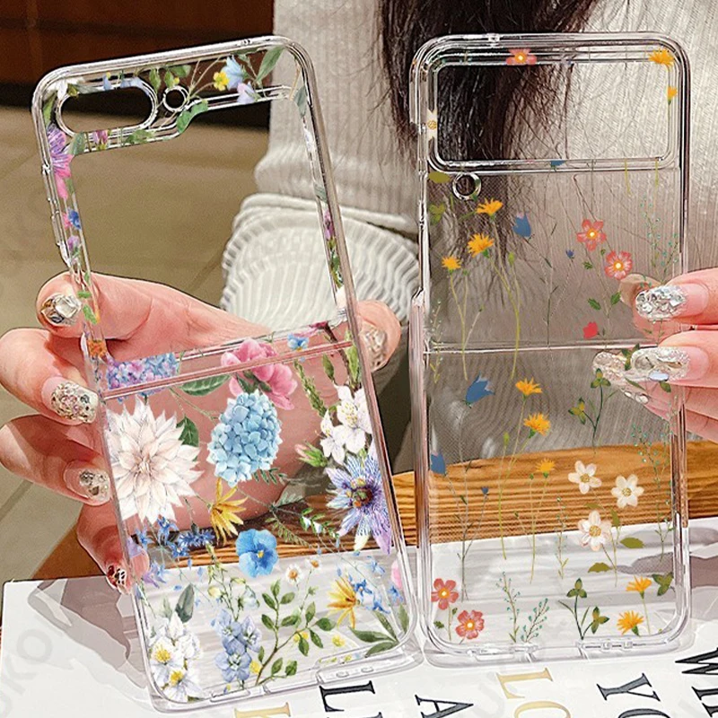 Per Samsung Galaxy Z Flip 5 Flip 4 Custodia Flower Pattern Cover Trasparente Pieghevole Antiurto Per Samsung Galaxy Z Flip5 4 3