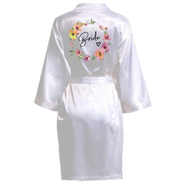 Wedding Party Team Bride Robe With Black Letters Kimono Satin Pajamas Bridesmaid Bathrobe SP003 White2