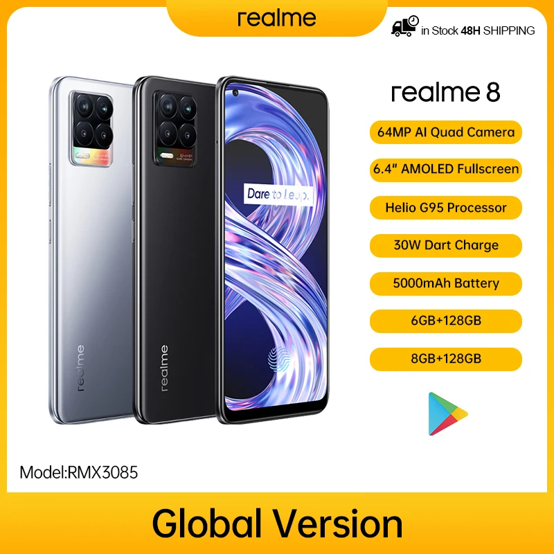 Global Version realme 8 6GB/8GB 128GB Mobile Phone Helio G95 6.44″ AMOLED Display 64MP Quad Camera Smartphone 30WFast Charge