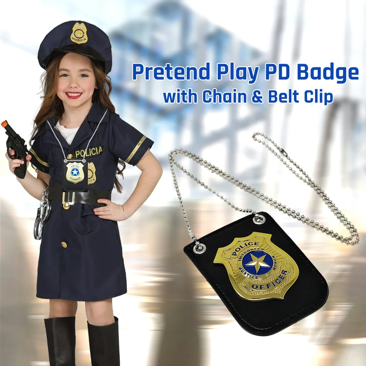Police Badges for Kids &ndash; Pretend Play Costume Gear Detective FBI Agent Swat Cop Toy Accessories, Chain&Black Belt Clip Holder