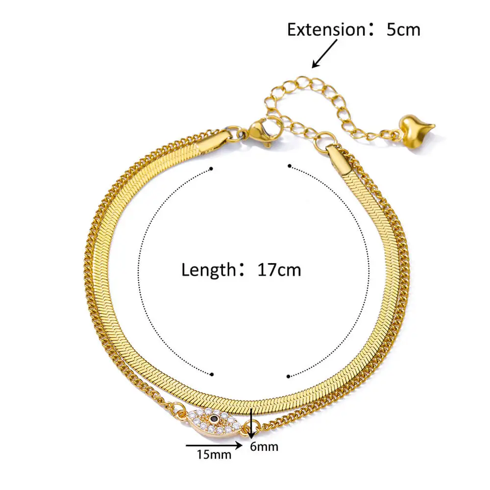 Zircon Evil Eye Anklets Gold Color Stainless Steel Double Snake Chain Anklet