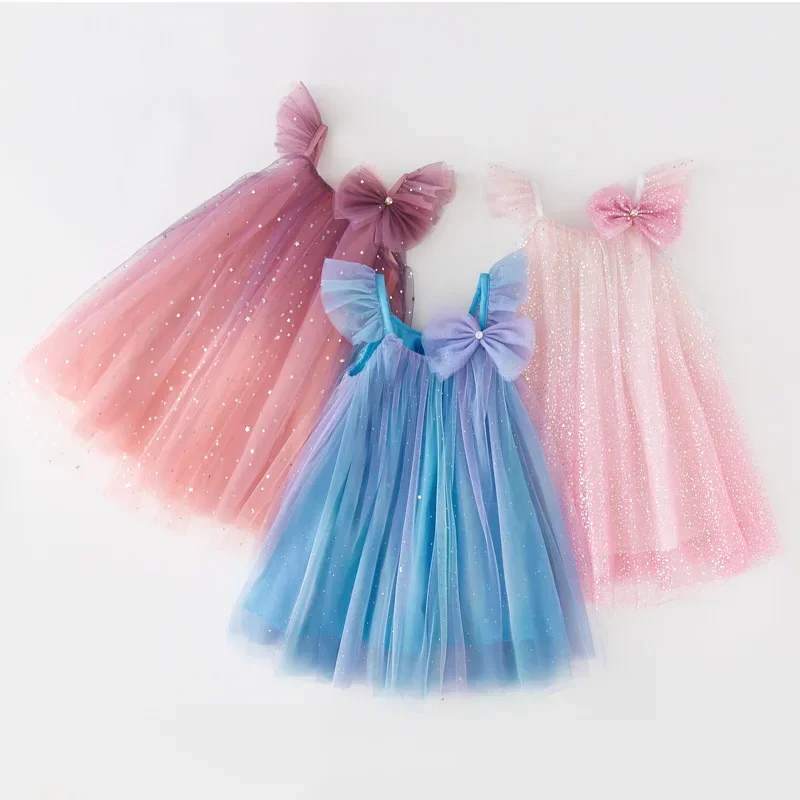 Fairy Girls Bow Hair Ornament Mesh Dress 2023 Summer New Children Stage Dress Flower Girl Princess Sequin Garza Dress