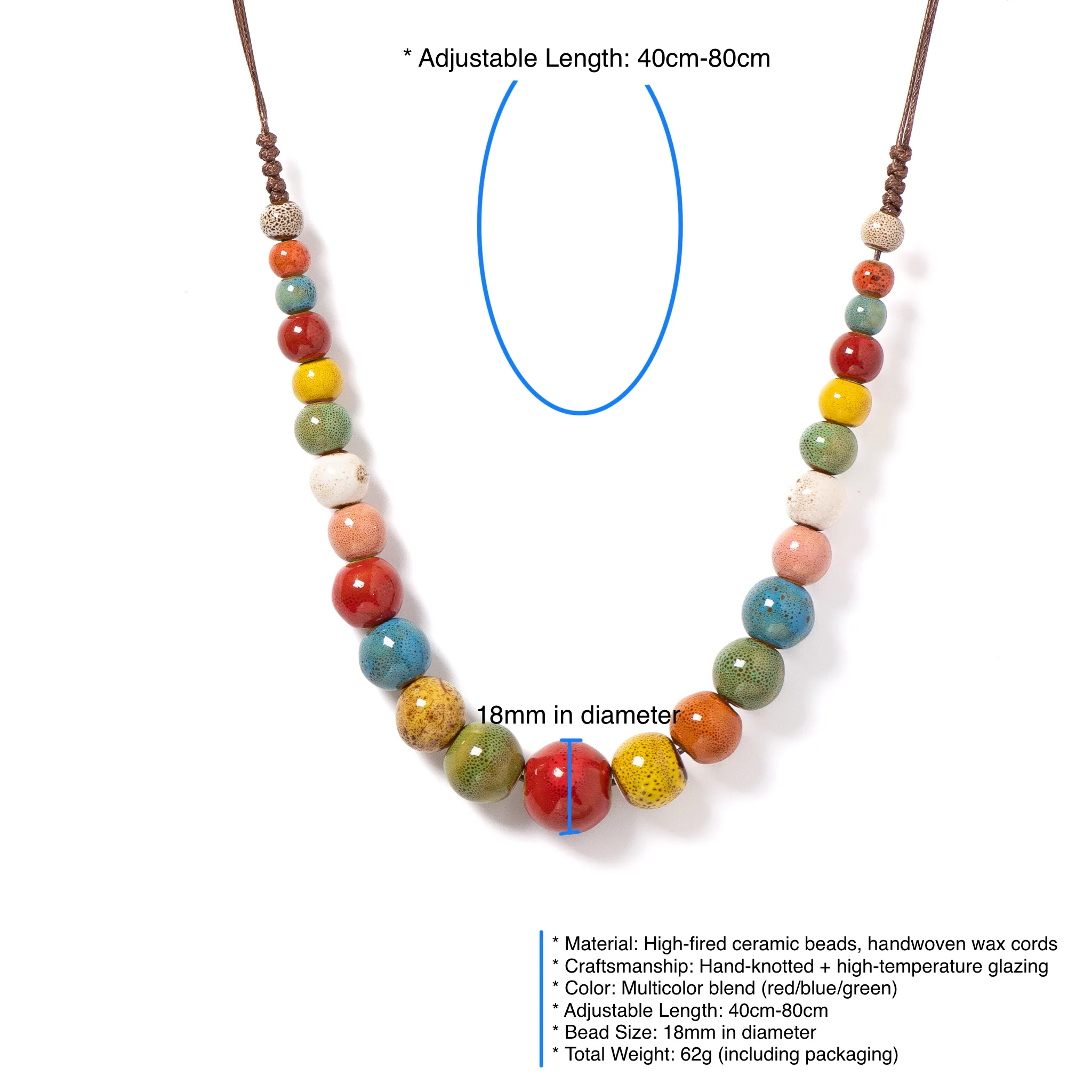 Mehrfarbige handgefertigte Keramik-Halskette, verstellbar 40–80 cm, böhmischer Perlenschmuck mit 18 mm Perlen für Schichten und Festivals 1128 – Detail 1