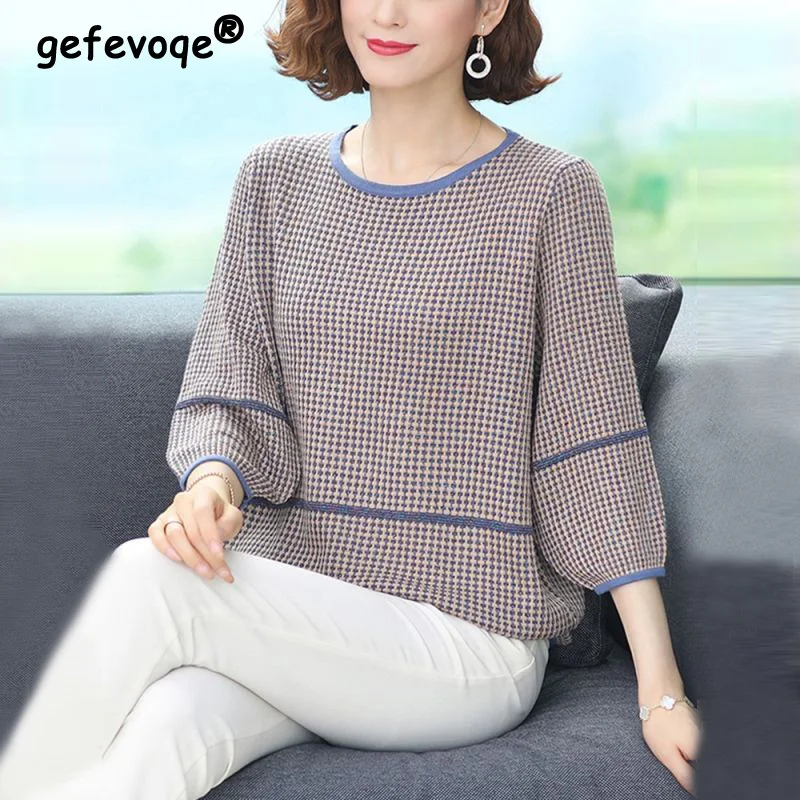 

Women Clothing Plaid Spliced Vintage Elegant Knitwears Spring Autumn Casual Simple 3/4 Sleeve Loose Pullovers Ice Silk Knit Tops