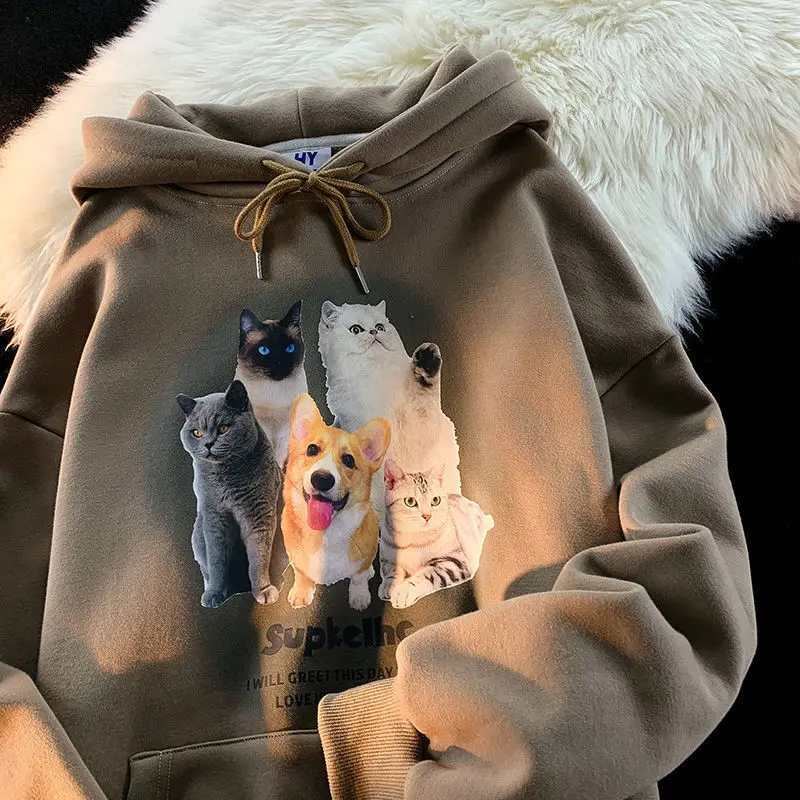 

Cute Pet Dog Cat Printed Hooded American Retro Thin Hoodies Women Aesthetic Clothes Autumn Loose Brand Korean Kawaii Tops 2022