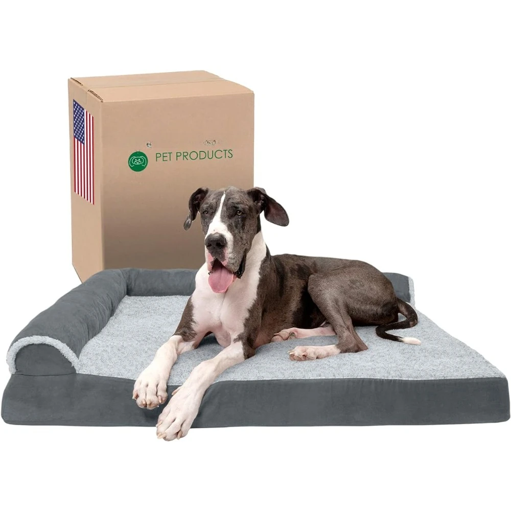 

Big Dog Bed for Dogs Jumbo Plus/XXL For Dogs Up to 125 Lbs - Two-Tone Plush Faux Fur & Suede L Shaped Chaise - Stone Gray Pet