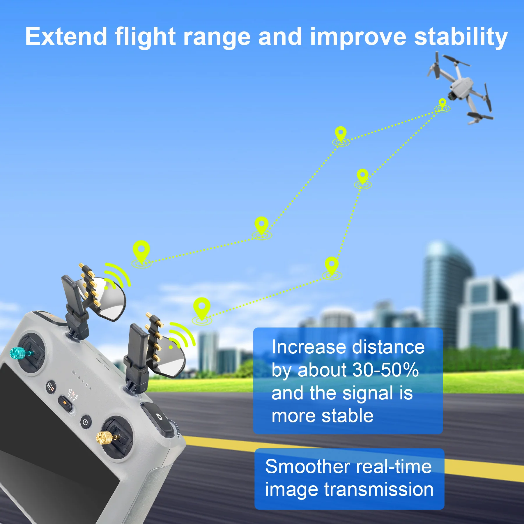 Amplificateur d'antenne pour télécommande DJI RC 2 et RC Pro dans son emballage, vue d'ensemble