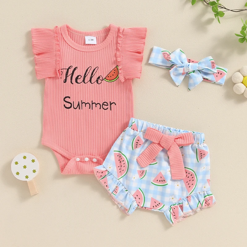 

Suefunskry Baby Girl Summer Outfits Letter Print Fly Sleeve Rompers Fruits Print Bowknot Shorts Headband 3Pcs Clothes Set