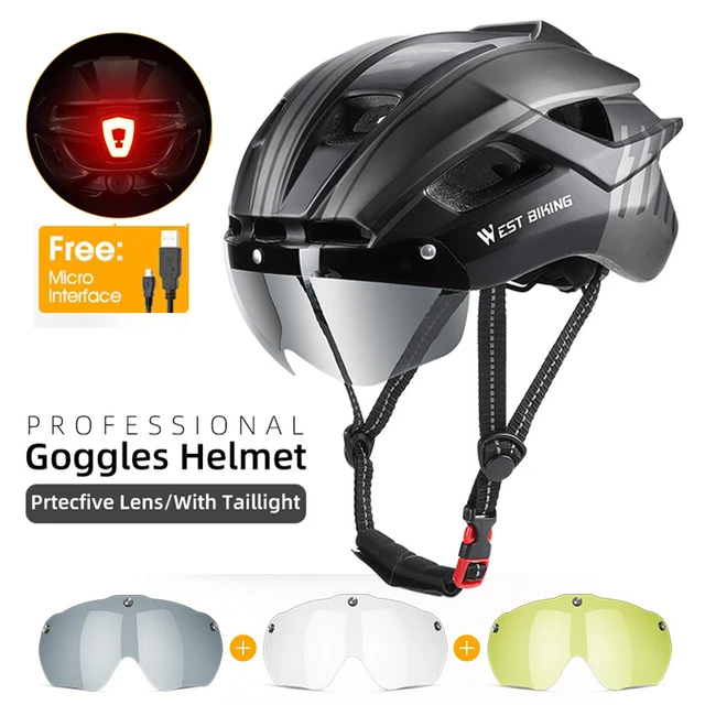 Men Women Cycling Helmet Taillight Goggles Visor Lens Bicycle Mtb Road Bike  - Bicycle Helmet - Aliexpress