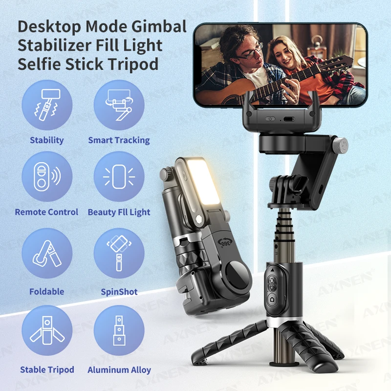Gros plan sur le stabilisateur Gimbal QMINI montrant la lumière d'appoint intégrée, idéal pour les vidéastes.