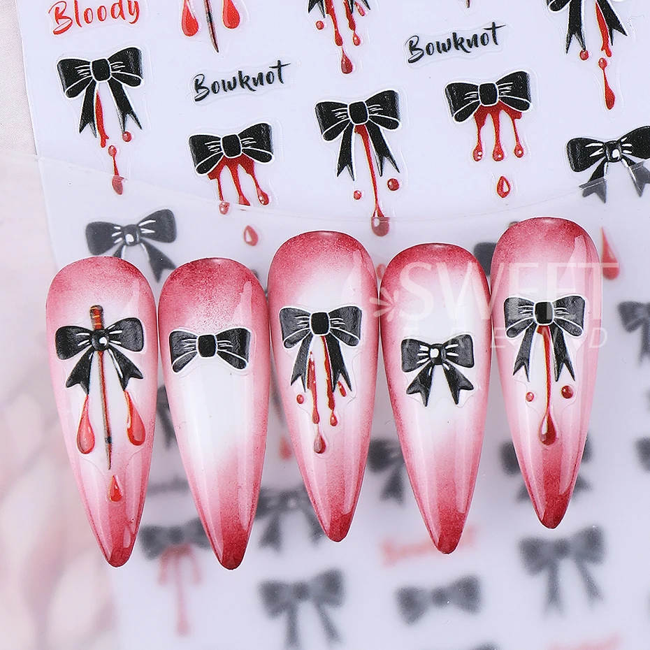2pcs Y2K Black Bow Nail Stickers Blood Drop LineTextured Adhesive Nail Decals Sliders DIY Halloween Holographic Manicure Decor