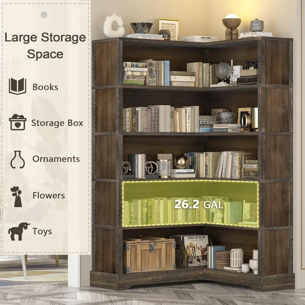 Wood Corner Bookcase, 5-Shelf 65 Inch Tall Bookshelf with Storage, Floor Standing Display Book Shelf for Living Room 4