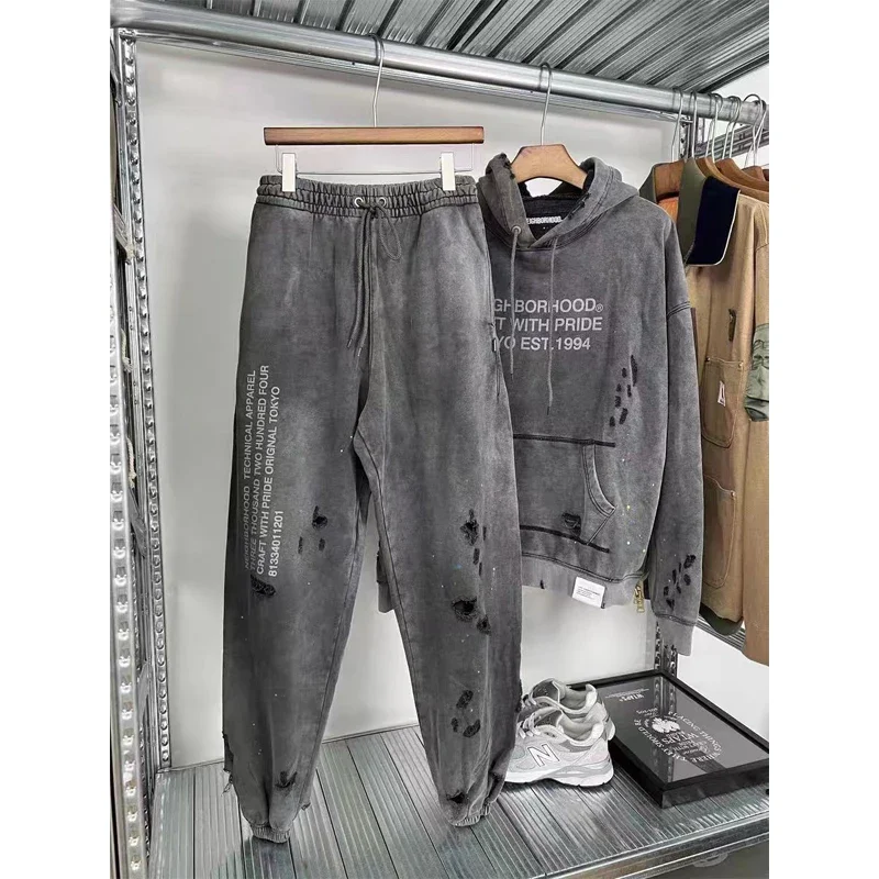 

NEIGHBORHOOD NBHD Hole Damage Track Pants Hoodie Men's Set High Quality Heavy Fabric Retro Wash Splashing Ink Sports Suit JAPAN