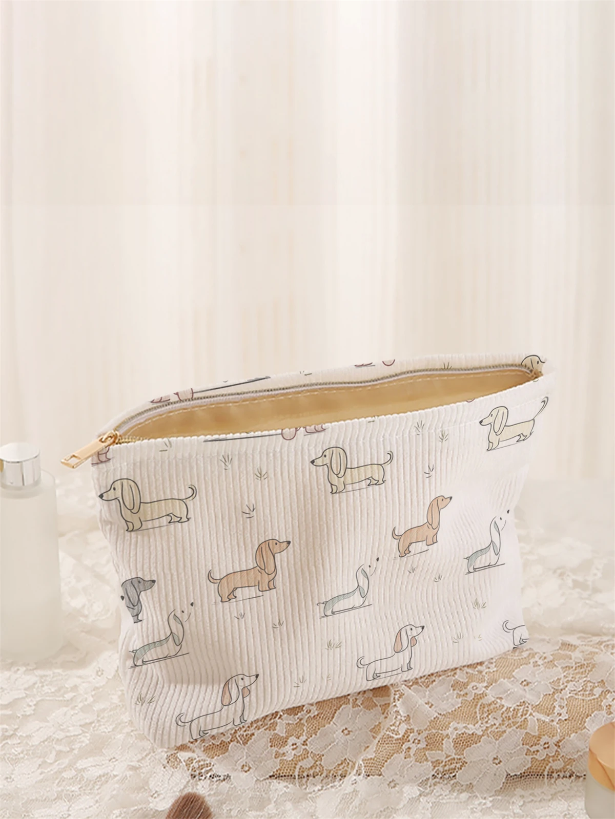 1pc cartoon dog pattern printed corduroy makeup bag, lightweight zipper makeup storage box, multifunctional bag with lining