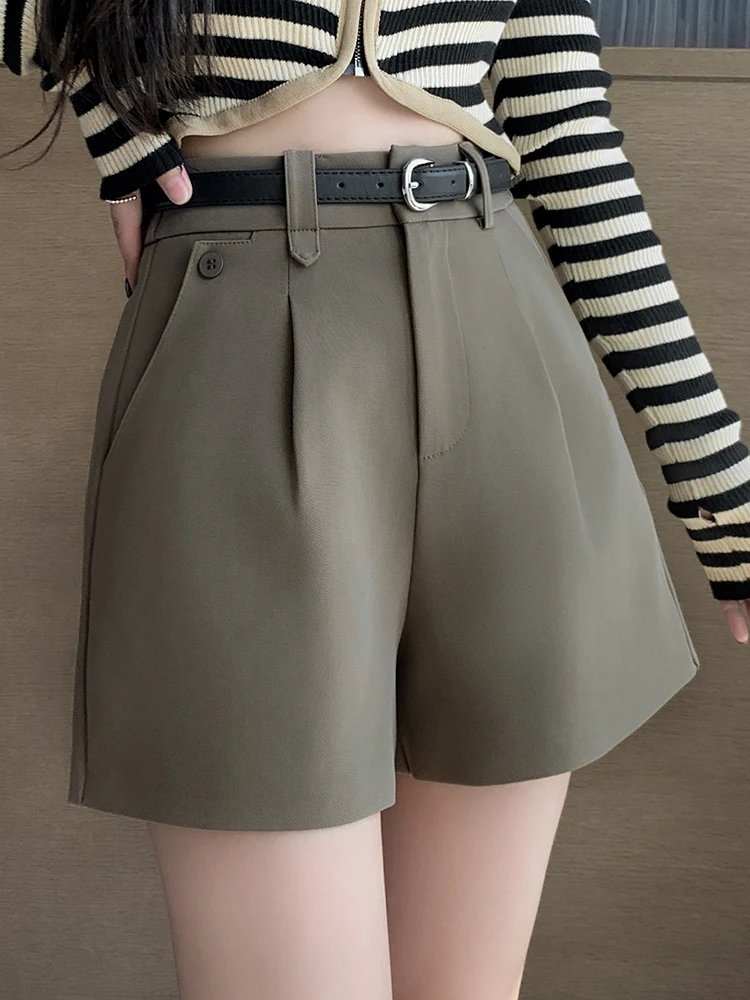 QOERLIN Summer Wide Leg Shorts Women Office High Waist Suit Shorts Loose Button Solid Classic Casual Black Shorts With Belt New