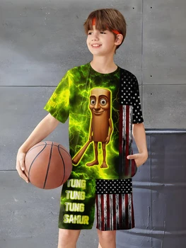 2025 New Fashion AI Games TungTungTung Sahur Design T-shirt+Shorts Summer Clothing Set Sports Suit T-Shirt & Pants Baby Outfits 1