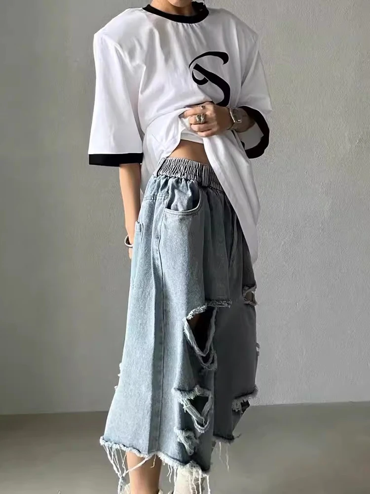 REDDACHIC 라이트 워시 찢어진 데님 반바지 남녀공용, 블루 탄성 허리 찢어진 구멍 닳은 헐렁한 청바지, 빈티지 Y2k 스트리트웨어