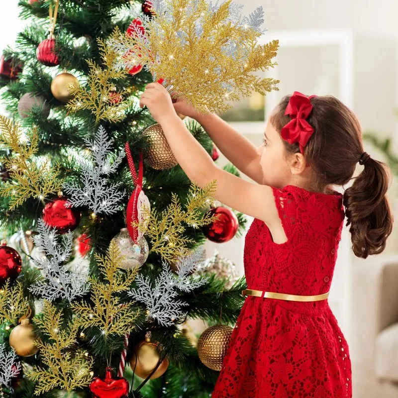 Christmas Glitter Gold Silver Leaves 10/5Pcs Xmas Tree Decoration Pendant Artificial Plants Pine Branches New Year Decoration christmas decorations