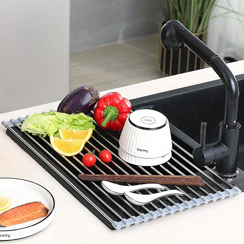 Roll Up Dish Drainer Shelf Stainless Steel Sink Drying Holder Foldable Food Rack Fruit Vegetable Washing Stand Kitchen Organizer 3