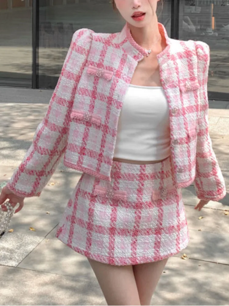 

High Quality Small Fragrance Tweed 2 Pcs Set Women Stand Neck Chic Short Jacket Coat + A-line Skirt Korean Sweet Hot Girl Suits