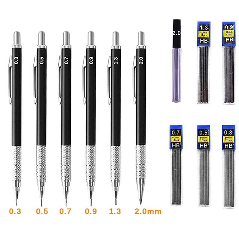 Black Metal Mechanical Pencil with Lead Smooth Writing Sizes 0.3 0.5 0.7 0.9 1.3 2.0mm For Sketching Painting 1 Black Metal Mechanical Pencil with Lead Smooth Writing Sizes 0.3 0.5 0.7 0.9 1.3 2.0mm For Sketching Painting 1