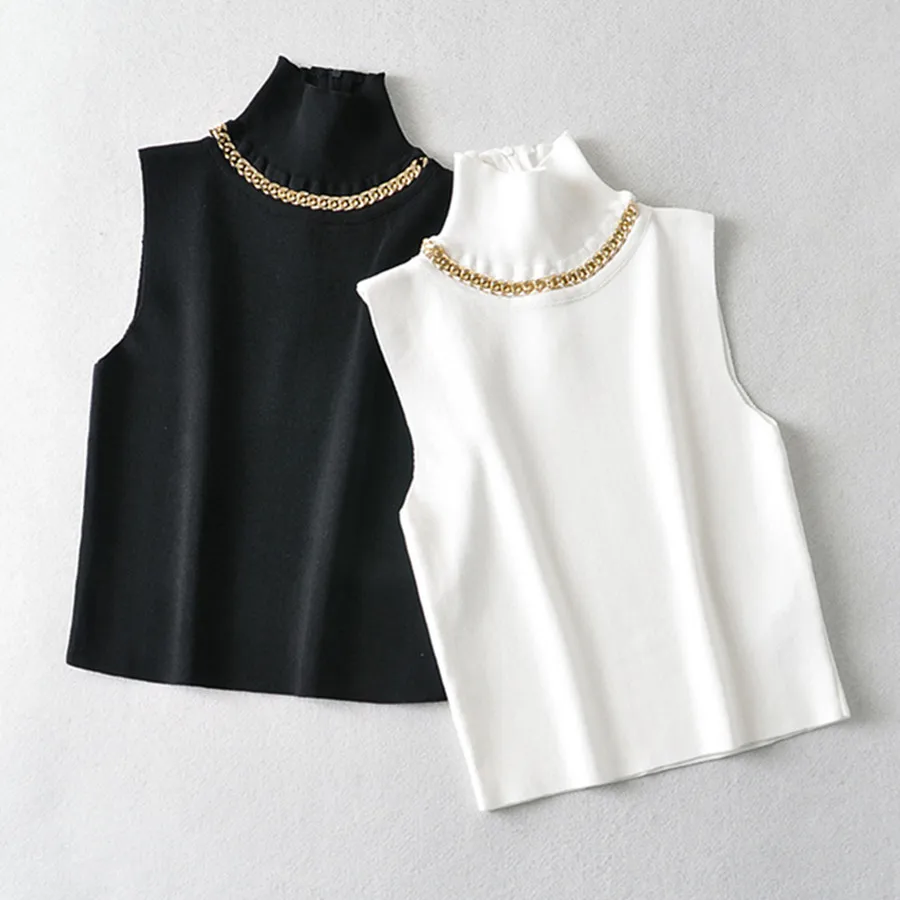 

Maxdutti 2023 Sexy Summer T shirt Women England Style Office Lady Fashion Elegant Gold Chain Turtleneck Knitted Short Crop Tops