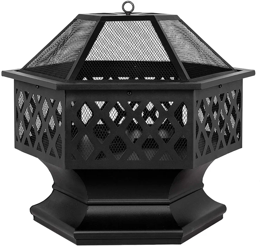 Portable Courtyard Metal Fire Pit 22" Hexagonal Shaped Iron Brazier Wood Burning Fire Pit Decoration for Backyard Poolside
