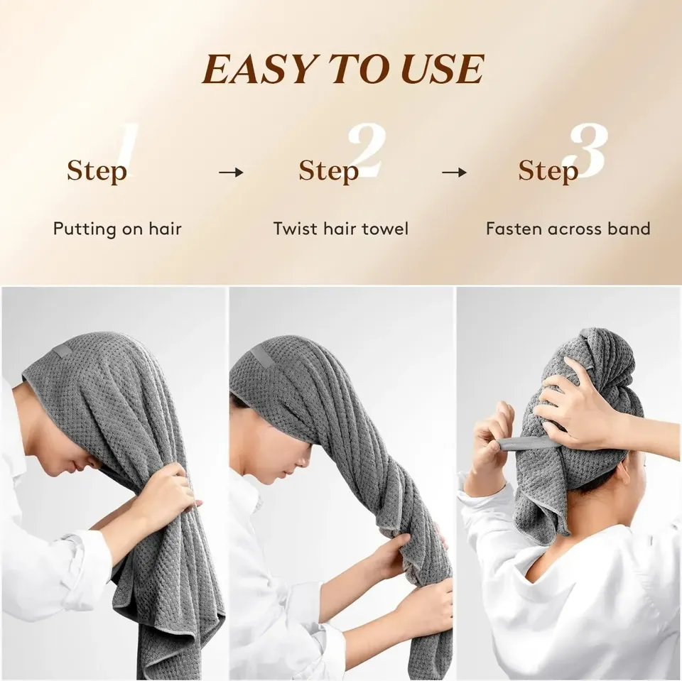 Asciugamano per la testa con fascia elastica super assorbente per asciugare i capelli da donna - Asciugamano per capelli in microfibra extra large con fascia  15