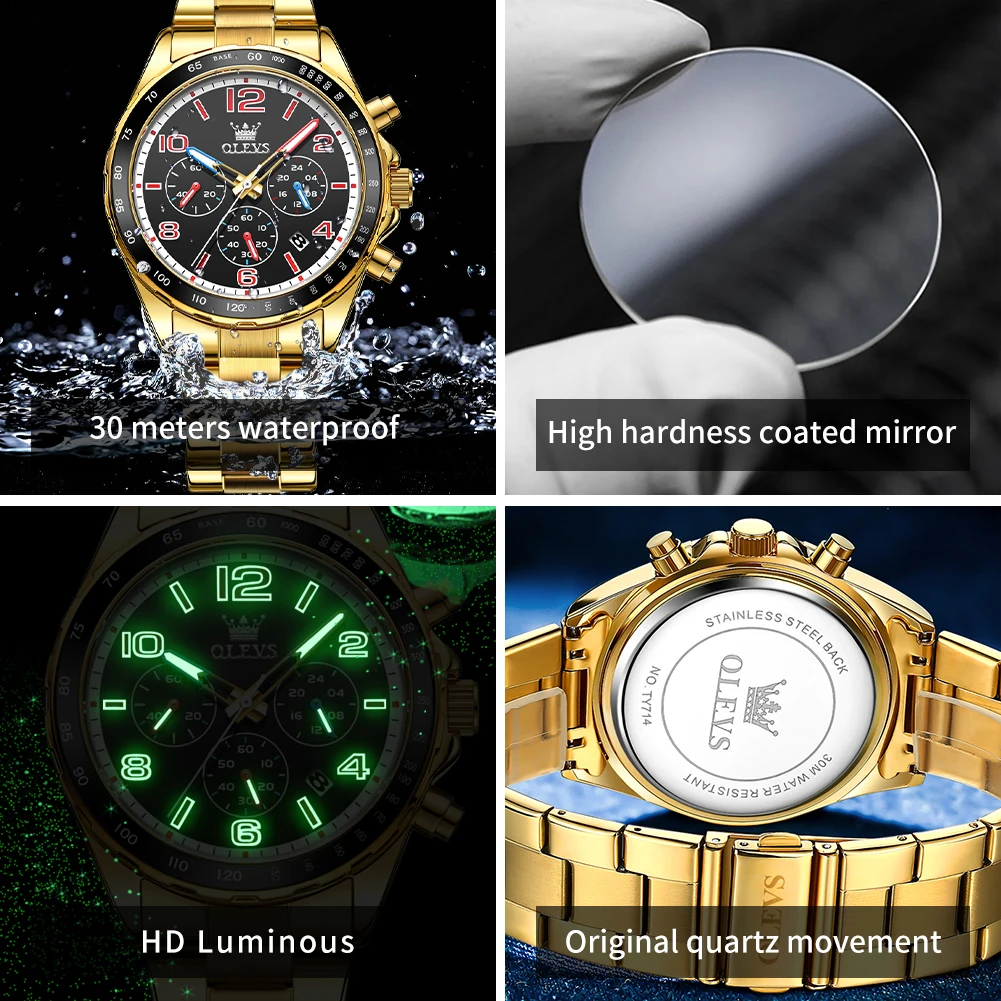 OLEVS TY714 Number Scale Quartz Watch For Men Chronograph Waterproof Business Wristwatch Calendar Original Luminous Man Watches