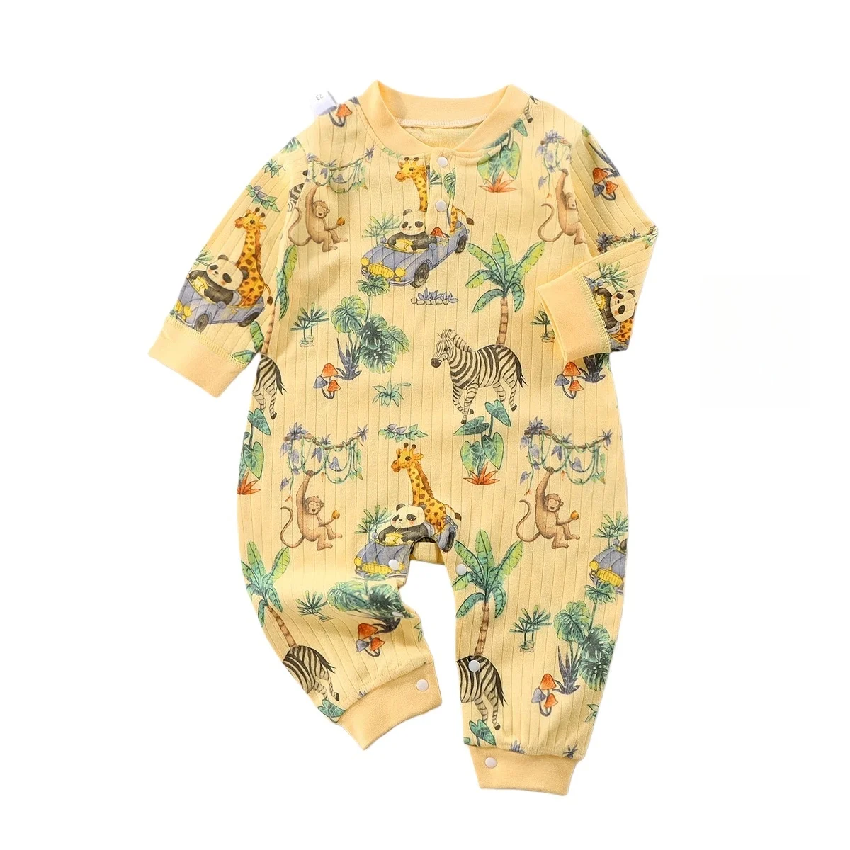Baby Cartoon Print Long Sleeve Romper, Newborn Infant Ribbed Cotton Jumpsuit with Camping Animal Baby Onesie for Spring Autumn