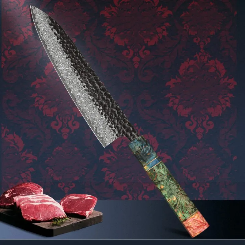 Kitchen Knife Hand Forged Damascus Steel 8-inch Chef Knife with Stable Handle for Cutting Raw Meat Vegetables and Fruits At Home
