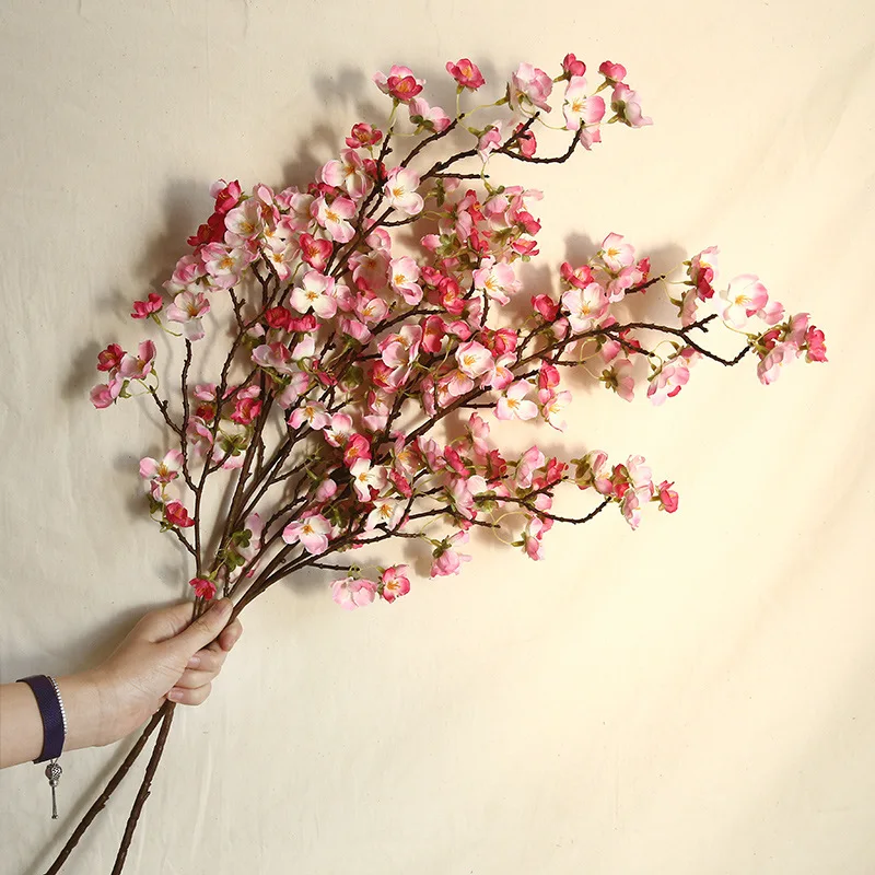 Silk Peach Blossom Artificial Flowers For Decoration Home Plastic Stem Bride Wedding Bouquet
